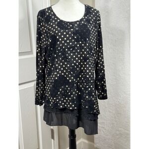 Calessa XL Black Polka Dot‎ Velvet Long Sleeve Tunic Top Lagenlook Whimseygoth